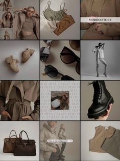 the collage shows many different types of clothing and accessories, including shoes, handbags