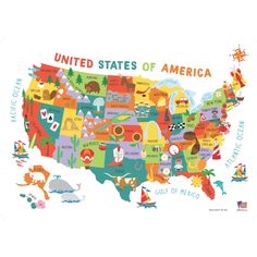 United States Illustrated Wall Map - Ultimate Globes - POD - KA - US - ILLUSTRATED - PAPER - Ultimate Globes Usa Map With States, World History Map, State Names, Floor Globe, Kids Globe, Map Of The United States, Maps For Kids, World Globes, United States Map