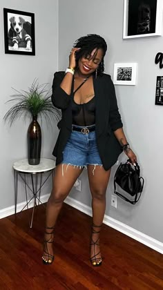 All Black Brunch Outfit Summer, Black Women Day Party Outfits, Shirt Dress With Shorts Outfit, Stylish Outfits For Summer Plus Size, Outfits With White Hats For Women, Biker Shorts Brunch Outfit, Day Party Dress Classy, Casual Summer Dinner Outfit Shorts, Neo Soul Concert Outfit Ideas