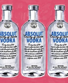 three bottles of absolut vodka sitting side by side on a pink background with the words absolut vodka written in blue