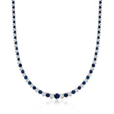 Ross-Simons - 9.00ct t. w. Sapphire, 1.50ct t. w. Diamond Tennis Necklace. 18". Indulge in the luxury of sapphires and diamonds at an affordable price! This magnificent tennis necklace features 9.00 ct. t. w. round sapphires illuminated by 1.50 ct. t. w. round brilliant-cut diamonds in polished sterling silver. Graduates from 1/16" to 3/16" wide. Single-latch safety. Push-button clasp, diamond and sapphire tennis necklace. Diamond birthstones are the perfect gift for April birthdays. Luxury Sapphire Necklace With Brilliant Cut, Classic Blue Diamond Necklace With 17 Jewels, Blue Diamond Cut Necklace For Anniversary, Formal Sapphire Diamond Necklace In Fine Jewelry Style, Luxury Sapphire Necklace With Diamond, Formal Sapphire Necklace With Diamond Accents, Sapphire Diamond Necklace For Formal Occasions, Formal Sapphire Diamond Necklace, Sapphire Diamond Round Necklace