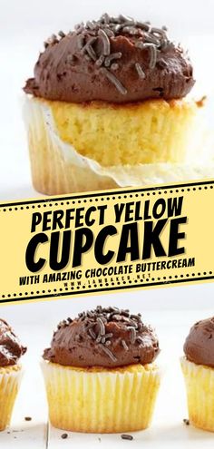 cupcakes with chocolate frosting and sprinkles on them are displayed in front of a sign that says perfect yellow cupcake