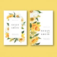 two floral wedding cards with yellow and white flowers on the front, one is for susa