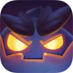 a close up of an animated pumpkin face with glowing eyes and dark leaves on it's head