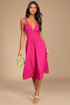 Magenta Midi Dress - Tie-Back Dress - Midi Dress with Pockets - Lulus Magenta Midi Dress, A-line Rayon Dress For Vacation, Unlined A-line Midi Dress For Summer, Lined V-neck Midi Dress For Vacation, Summer Midi Dress For Brunch, Unlined, Unlined Summer Midi Dress For Brunch, Summer Brunch Midi Dress Unlined, Unlined Midi Dress For Summer, Chic Unlined Dress For Day Out