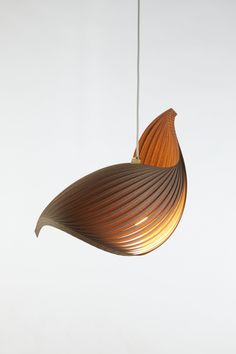 a wooden light fixture hanging from a white ceiling in a room with no one around it