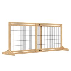 a wooden fence with metal bars on the top and bottom, against a white background