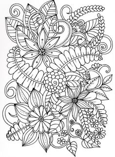 an intricate coloring page with flowers and leaves in black ink on white paper, for adults to color