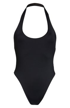 A scooped neckline and deeply scooped back brings a sultry appearance to this cheeky one-piece swimsuit. Scoop neck Cheeky coverage Lined 83% recycled nylon, 17% elastane Hand wash, dry flat Made in the USA Model stats: 5'10" height, 32" bust, 25" waist, 36" hip. Model is wearing size S. This product meets Nordstrom Sustainably Sourced Materials criteria: contains at least 30% sustainably sourced materials Beach Bodysuit With Smoothing Nylon, Stretch Racerback Bodysuit For Beachwear, Chic Nylon Bodysuit For Swimming, Seamless Polyamide Bodysuit For Pool, Black Second-skin Swimwear With Low Back, Chic Backless Swimwear With Seamless Construction, Black Second-skin Low Back Swimwear, Poolside Stretch Polyamide Bodysuit, Compressive Polyamide Swimwear For Summer