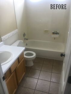 before and after shot of a bathroom with tile flooring, tub, toilet and sink