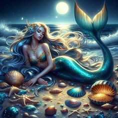 a mermaid sitting on top of a sandy beach