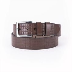 Introducing the Dark Brown Men's Vegan Leather Belt with Check Emboss, a contemporary twist on a classic accessory designed for the discerning gentleman. This belt combines the timeless appeal of dark brown with the modern flair of a check embossed pattern, all while upholding ethical fashion standards with its vegan leather construction. At a width of 1 1/2 inches (4.0 cm), this belt is perfectly sized to offer robust support for your favorite pair of jeans, ensuring both comfort and style are Modern Brown Belt Buckles For Business, Modern Brown Belt Buckle For Business, Modern Brown Belt For Business, Masculine Belt Buckles For Business, Classic Embossed Leather Belt Buckles, Classic Brown Embossed Belt Buckles, Embossed Pattern, Dark Brown Color, Innovative Fashion