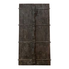 an old wooden door with iron bars on the bottom and sides, isolated against a white background