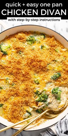 chicken and broccoli casserole in a white dish with text overlay