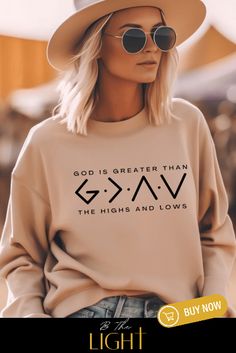 This cute Christian sweater with God is Greater than the Highs and Lows Symbol will keep you comfy inside and out with an encouraging message of faith! Wearing trendy Christian sweatshirts and hoodies is a comfy and casual way to intentionally share your heart for Jesus and create ways to share the Gospel with anyone. For more cute Christian apparel and merch, shop our entire Christian clothing brand website. Free Shipping! Fall Sweatshirt With Text Print And Comfortable Fit, Comfortable Fit Text Print Sweatshirt For Fall, Inspirational Text Print Sweatshirt For Fall, Inspirational Winter Sweatshirt With Relaxed Fit, Inspirational Streetwear Tops For Fall, Inspirational Graphic Print Fall Sweatshirt, Fall Inspirational Graphic Print Sweatshirt, Inspirational Graphic Print Sweatshirt For Fall, Inspirational Relaxed Fit Sweatshirt For Winter