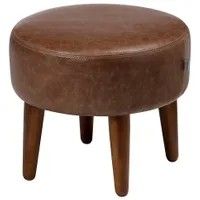 a small stool with wooden legs and a brown leather seat cover on the bottom one side