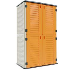 an orange and white storage cabinet with two doors on each side, against a white background