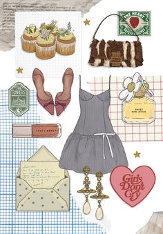 a collage of various items that include shoes, bags, and other things on paper