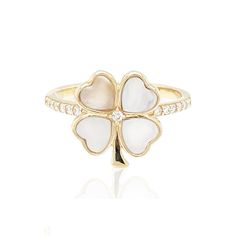 Vintage La Rose 14k Mother of Pearl Clover Ring 14k Yellow Gold Natural Mother of Pearl Color from Grey to White White Pave Diamonds White 14k Gold Flower Ring Fine Jewelry, Luxury 14k White Gold Flower Ring, Luxury White Gold Flower Ring In 14k Gold, Fine Jewelry Flower Ring In 14k White Gold, Fine Jewelry 14k White Gold Flower Ring, 14k White Gold Flower Ring Fine Jewelry, White Gold Flower Ring In 14k Fine Jewelry, 14k Rose Gold White Rings As Gift, White 14k Rose Gold Ring For Gift