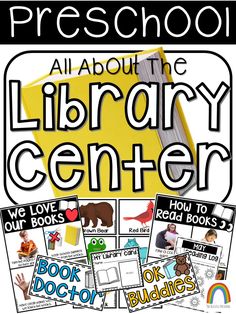 an all about the library center poster with pictures and words for children's books