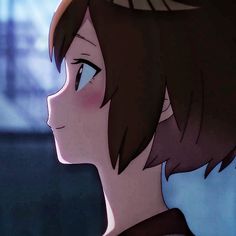 a close up of a person with short hair and an anime style avatar in the background