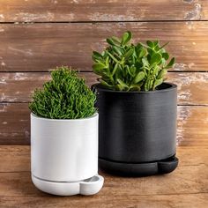 two black and white planters sitting next to each other on top of a wooden table