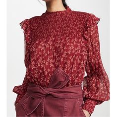 Free People High Neck Smocked Long Sleeve Blouse In Berry Combo Red. This Is Beautiful For Fall, Size Xl. Top Is Sheer 100% Viscose Red Spring Top With Smocked Cuffs, Red Spring Tops With Smocked Cuffs, Fall Red Smocked Top With Smocked Back, Red Smocked Top For Fall, Casual Red Smocked Top For Fall, Red Long Sleeve Smocked Top For Spring, Red Blouse With Smocked Bodice, Chic Red Top With Smocked Back, Chic Red Tops With Smocked Back