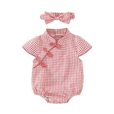 Introduce your little girl to style and comfort with Girls Plaid Romper with Matching Headband. This adorable ensemble is perfect for full-month parties, casual outings, and everyday play. The set includes a plaid-patterned romper and a matching headband, making it a fashionable outfit for your baby girl. The plaid pattern fabric or floral fabric adds a touch of timeless fashion to the romper, ensuring your baby girl looks stylish at any event. Designed with convenience in mind, the romper is ea Cute Fitted Gingham Sets, Summer Gingham Cotton Bubble Romper, Playful Gingham Sets For Spring, Summer Plaid Sets With Short Sleeves, Summer Plaid Short Sleeve Sets, Casual Plaid Sets For Summer, Casual Plaid Summer Sets, Casual Summer Plaid Sets, Family Matching Cotton Bubble Romper For Spring