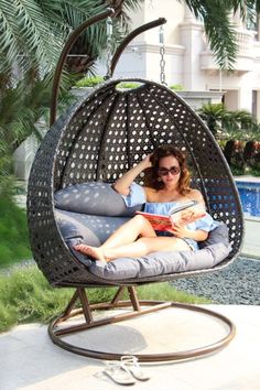 Hanging Wicker Swing Chairs | Luxury Wicker Hanging Chair with Stand and Cushion by Island Gale Resin Wicker Patio Furniture, Egg Chairs, Hanging Chair With Stand, Hanging Chairs, Swing Chair Outdoor, Hanging Chair Outdoor, Boho Furniture, Trendy Furniture