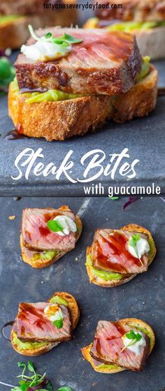 an image of steak bites with guacamole on toasted bread and garnishes