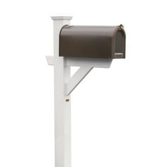 a white mailbox mounted to the side of a post with a brown leather cover