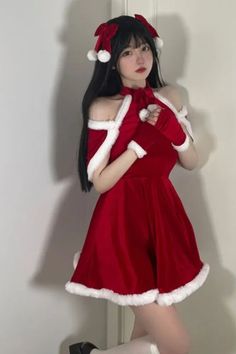 Red Sweet Christmas Set Women Casual Evening Party Mini Dress Long Sleeve Christmas Cosplay Costume, Red Harajuku Dress For Party, Kawaii Christmas Dress, Red Christmas Sleepwear, Santa Claus Costume Women Partybell.com-online Costumes And Party Supplies Store, Japanese Christmas, Party Mini Dress, Clothes Korean Style, Dress Sets