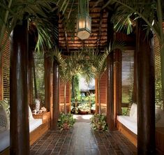 an outdoor covered patio with lots of plants