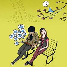 a man and woman sitting on a bench next to each other with speech bubbles above them