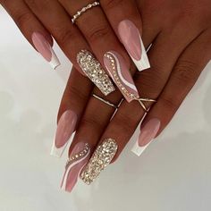 Glitter French Nails, Fake Nails White, Ballet Nails, Long Press On Nails, Nails Design With Rhinestones, Manicure Tips, White Nail, Autumn Nails