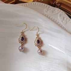 ◆ Materials: 14k Gold Electroplated - more durable than regular platings Sterling Silver Earring Hooks - Hypoallergenic Cubic Zirconia Freshwater Pearls Synthetic Amethyst Elegant Crystal Jewelry, Baroque Earrings, Drop Pearl Earrings, Pearl Amethyst, Teardrop Diamond, Pretty Accessories, Lace Earrings, Gothic Accessories, Purple Pearl