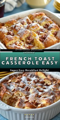 french toast casserole in a white dish on a blue table with the title overlay