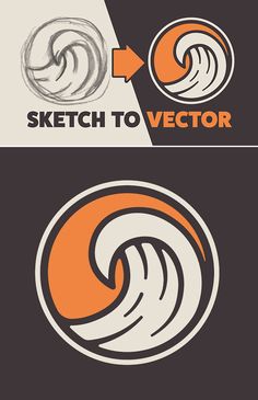 an orange and white logo with the words sketch to vector on it's side