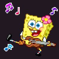 an image of spongebob playing guitar with music notes in the backgroud