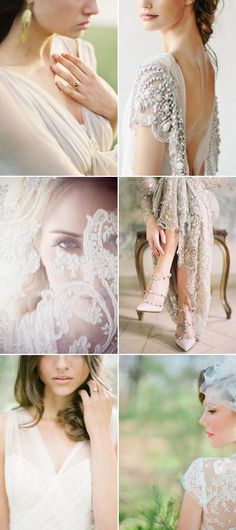 four different shots of the same woman in white dress and veil, one is holding her hand on her shoulder