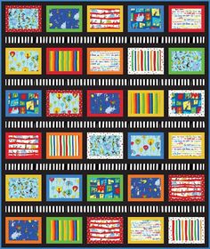 a colorful quilt with many different pictures on the front and back of it, all in squares