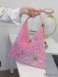 BirdinBag - Glamorous PU Large Hobo Bag with Star & Sequin Decor, Perfect for Parties Pink Tote Bag For Party, Pink Tote Bags For Party, Pink Party Tote Bag, Pink Large Capacity Shoulder Bag For Party, Pink Shoulder Bag With Large Capacity For Party, Large Capacity Pink Shoulder Bag For Party, Star Decor, Large Hobo Bag, Sequin Decor