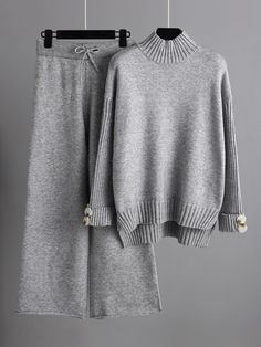 Urban Long Sleeves Solid Color Half Turtleneck Sweater Tops  &  Wide Leg Pants Two Pieces Set APRICOT-One_size Sweater Tops, Knit Turtleneck Sweater, Collar Sweater, Loose Sweater, Sweater Pants, Sweater Set, Mock Neck Sweater, Knit Set, Winter Knits