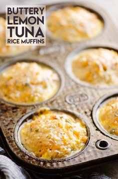 a muffin tin filled with lots of different types of food in it and the words buttery lemon tuna rice muffins