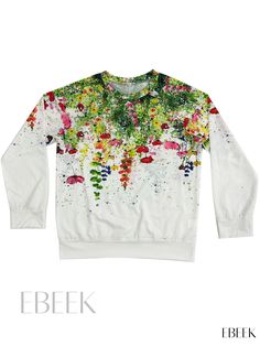 Ebeek - Womens Casual Long Sleeve Floral Print Crew Neck Sweatshirt - Stylish Addition to Your Wardrobe Printed Crew Neck Sweater For Spring, Green Graphic Print Sweater For Spring, White Printed Sweatshirt For Spring, Spring White Printed Sweatshirt, Fall Care, Elegant Fabric, Womens Casual, Style Elegant, Types Of Printing