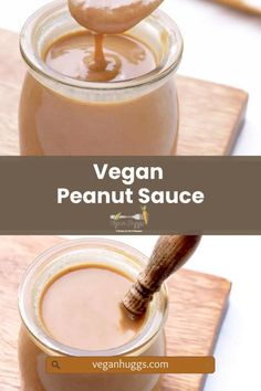 two jars filled with peanut sauce on top of a wooden cutting board