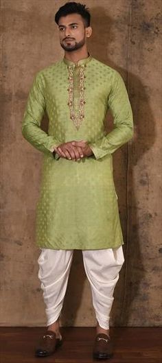 Green color Dhoti Kurta in Poly cotton fabric with Embroidered, Sequence, Thread work Green Cotton Silk Kurta With Embroidered Border, Green Cotton Silk Traditional Wear With Embroidered Border, Green Traditional Wear With Embroidered Cotton Silk, Transitional Pista Green Kurta With Embroidered Border, Pista Green Embroidered Dupatta For Navratri, Diwali Embroidered Border Pista Green Kurta, Green Straight Kurta With Motifs, Green Cotton Kurta With Embroidered Border, Green Cotton Kurta With Traditional Drape