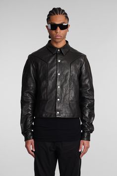 Alice strobe shirt Leather jacket in black leather, frontal buttoning, collar, long sleeves, silver hardware, pockets on side, Model is 183 and wears a size 50, Made in Moldova, 100% Lamb Leather | Rick Owens Men's Alice Strobe Shirt Leather Jacket in Black Leather | SS24 Modern Black Leather Jacket With Long Sleeves, Business Biker Jacket With Snap Buttons And Long Sleeves, Business Biker Jacket With Snap Buttons, Classic Leather Jacket With Snap Buttons For Streetwear, Biker Leather Jacket With Snap Buttons, Modern Black Outerwear With Snap Buttons, Classic Black Biker Jacket With Snap Buttons, Black Leather Collared Biker Jacket, Black Collared Leather Biker Jacket