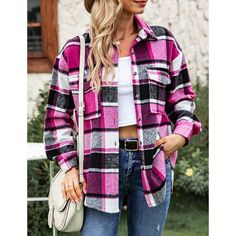 Rosy Lapel Collar Button Pocket Woolen Plaid Shacket Pink Outerwear With Buttoned Pockets For Fall, Pink Fall Outerwear With Buttoned Pockets, Pink Shacket With Button Closure For Fall, Pink Button-up Shacket With Pockets, Pink Button-up Outerwear With Buttoned Pockets, Pink Fall Outerwear With Buttons, Shacket Women, Shacket Outfit, Plaid Shacket