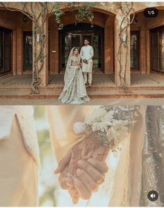 a couple holding hands standing in front of a building